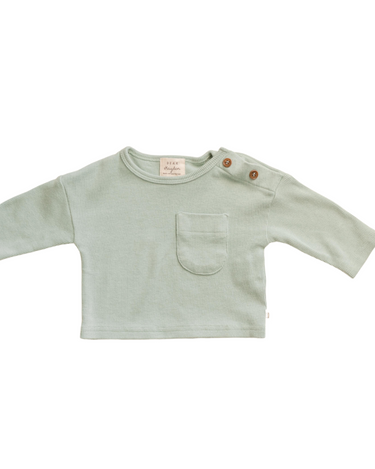 Image shows organic cotton modal rib long sleeve tee in jade with pocket and Magnetic Button at neck.