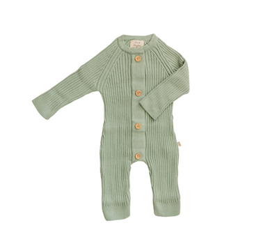 Image shows organic cotton knit romper in jade with Magnetic Buttons for easy changing from neck to crotch.