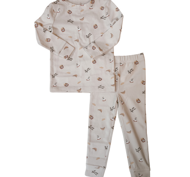 Flat lay image on white background of modal pajama set in Petit Déjeuner print with coffee mugs, croissants, butter, and jam.