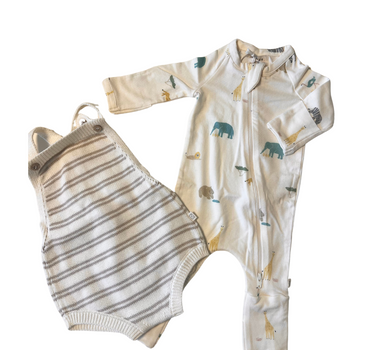 Image shows summertime baby bundle with organic cotton stripe knit romper in mushroom and modal convertible footy pajamas in zoo print. 