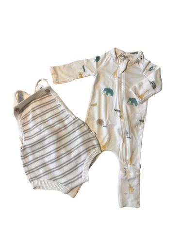 Image shows summertime baby bundle with organic cotton stripe knit romper in mushroom and modal convertible footy pajamas in zoo print. 