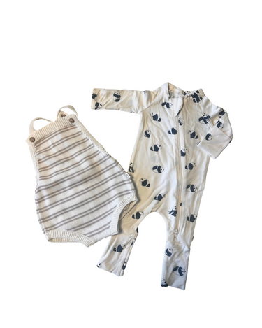 Image shows summertime baby bundle with organic cotton stripe knit romper in mushroom and modal convertible footy pajamas in panda print. 