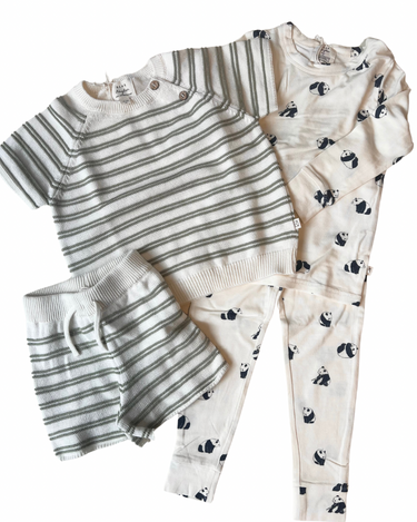 this image shows our toddler warm weather bundle with our organic cotton knit stripe set in sage and our toddler modal pajama set in panda.