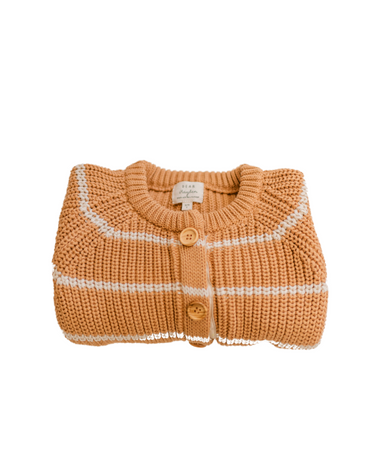 Image shows organic cotton knit stripe sweater with Magnetic Buttons for easy changing.