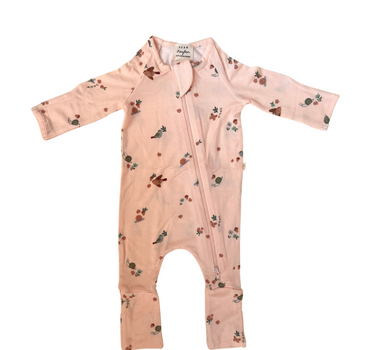 image shows modal convertible footy pajamas in birds print