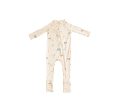 Image shows modal convertible footy pajamas for infants and babies in zoo animal print