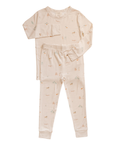 Image shows modal jersey pajama set in Paris print.