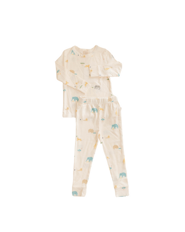 Image shows modal pajama set in zoo print.