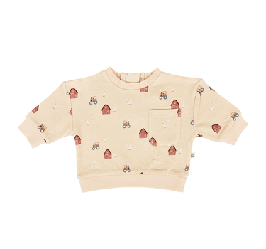 light beige organic cotton fleece sweatshirt with farm print with magnetic closures at the back of the neck