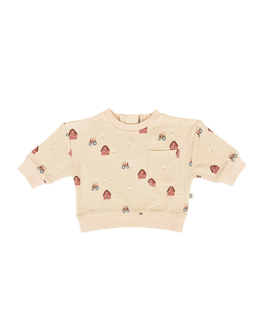 light beige organic cotton fleece sweatshirt with farm print with magnetic closures at the back of the neck