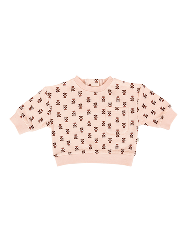 flat lay image of organic cotton pink floral sweatshirt wild rose