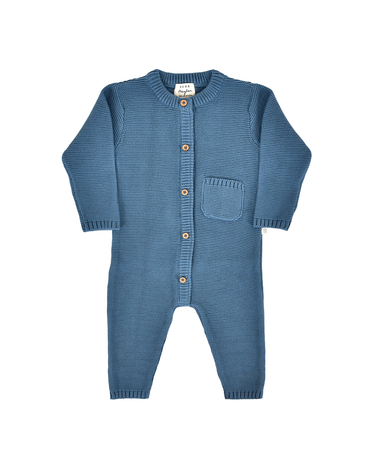 flat lay image of organic cotton garter stitch romper with magnetic closures from neck to crotch in bluestone