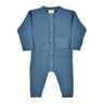 flat lay image of organic cotton garter stitch romper with magnetic closures from neck to crotch in bluestone