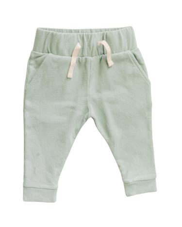 Photo shows organic cotton italian fleece joggers in jade color with pockets and faux drawstring.