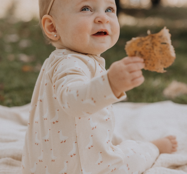 Baby wearing an organic cotton modal playsuit in geese pattern.