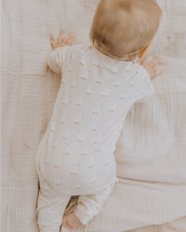 Baby wearing an organic cotton modal playsuit in geese pattern.