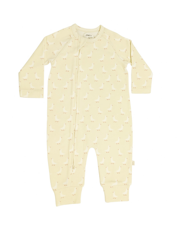 flat lay image of organic cotton modal baby playsuit with geese pattern