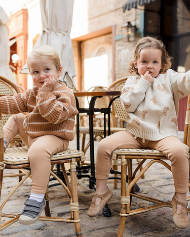 Organic cotton modal rib legging in acorn on toddler boy and toddler girl with faux drawstring
