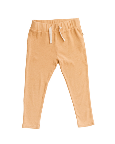Image shows organic cotton modal rib leggings in acorn with faux drawstrings.