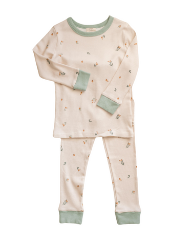 Photo shows organic cotton modal rib pajama set in floral bud print.