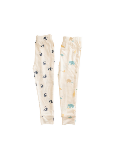 Image shows toddler pajama set bottoms in zoo and panda prints. 