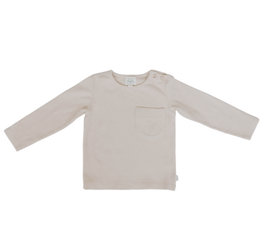 Flat lay image of organic cotton soft long sleeve tee in neutral solid sand color. 