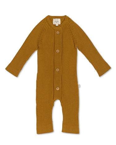 100% organic cotton rib knit romper with Magnetic Buttons in ginger.