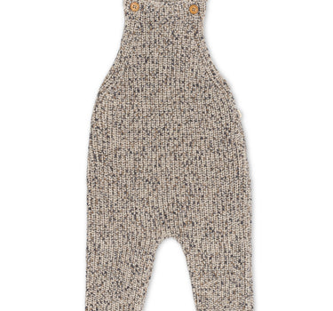 Gray marble organic cotton knit overalls with wood buttons and adjustable shoulder straps.