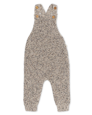 Gray marble organic cotton knit overalls with wood buttons and adjustable shoulder straps.