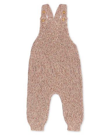 Picture of rose marble knit overalls in organic cotton with adjustable wood buttons for the perfect fit.