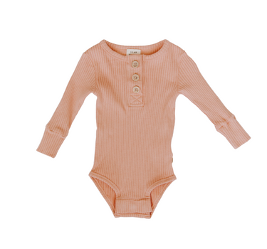 Flat lay image of organic cotton rib bodysuit with Magnetic Buttons in neutral basil color. Bodysuit opens with Magnetic Buttons at the neck as well as crotch.