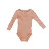 Flat lay image of organic cotton rib bodysuit with Magnetic Buttons in neutral basil color. Bodysuit opens with Magnetic Buttons at the neck as well as crotch.