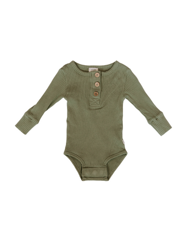 Flat lay image of organic cotton rib bodysuit with Magnetic Buttons in neutral basil  color. Bodysuit opens with Magnetic Buttons at the neck as well as crotch.