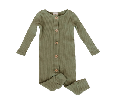 Flat lay image of organic cotton rib playsuit in basil color that opens with Magnetic Buttons for easy and struggle-free changing.