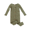 Flat lay image of organic cotton rib playsuit in basil color that opens with Magnetic Buttons for easy and struggle-free changing.