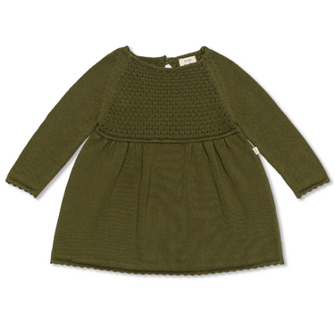 Image Flat lay image of knit dress in crocodile color with sweet details and button detail at the back of the neck. 